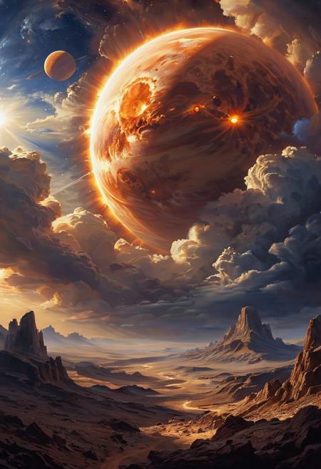 best quality, masterpiece, extremely detailed,  an extremely delicate and beautiful painting,, dynamic, great lighting, perfect shading, professional art, professional painting, professional shading, depth of field, side soft light, elegant, wonderful, highly detailed, full shot, uncropped, pure genious, absolutely perfect,  highly detailed, breathtaking, an ancient planet shrouded in clouds, a giant sun in the background