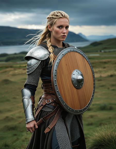 RAW full body image of a gorgeous 25 years old Gorgeous Viking Woman blond, loose hair, <lora:NordicByNature:0.8>,Shieldmaiden in Battle, A fierce Viking shieldmaiden clad in chainmail and leather armor, wielding a round wooden shield and a sharp sword. Her braided hair flows in the wind as she stands victorious on a battlefield under a stormy sky. The setting is an ancient Nordic landscape with towering fjords in the background.,low light, soft natural light, Rembrandt style light, Hasselblad DLSR camera, 200mm Zeiss lens, f/2.8, clear focus, high resolution image, (soft naural light), (rembrandt light), (soft shadows) ,Sexy pose, erotic pose, exhibitionism,
