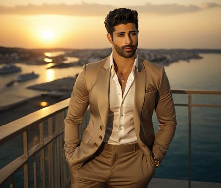 Nautical-themed (Photo:1.3) of (Ultrarealistic:1.3) <lora:Man_Men_FFashion:1> brandon davis a man <lora:aashimg_bradondavis:1> in a tan suit standing on a balcony, sun behind him, inspired by Pablo Munoz Gomez, shot at golden hour, editorial photograph, midshot of a hunky, by Roman Bezpalkiv, by Artur Tarnowski, maxim sukharev, by Gabor Szikszai,Highly Detailed,(Mono Color:1.3) . Sea, ocean, ships, maritime, beach, marine life, highly detailed