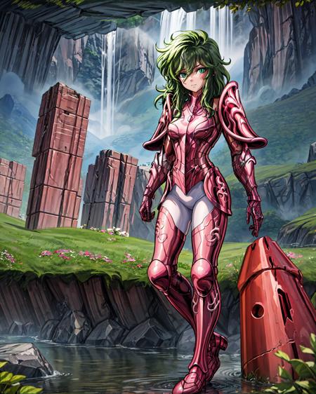 masterpiece, best quality, highres, solo, 1girl, green eyes, light smile,detailed background,waterfall,armor, <lora:more_details:0.7>,outdoor ,(medium breasts:1.5) ,pink armor,green hair,<lora:andromeda_final:0.8>,helmet,full body