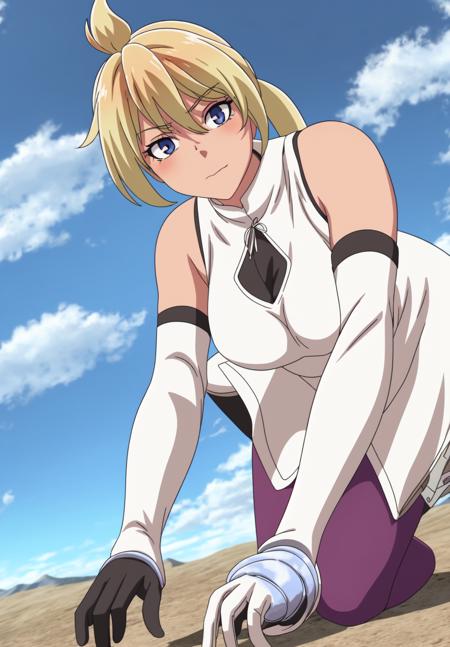 <lora:bertrand:0.8>, bertrand, 1girl, solo, looking at viewer, gloves, dress, ribbon, bare shoulders, closed mouth, pantyhose, boots, outdoors, detached sleeves, sky, day, black gloves, elbow gloves, cloud, white dress, armor, blue sky, one knee