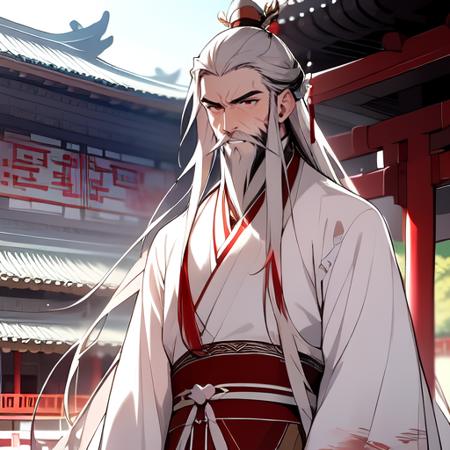 best quality,masterpiece,(1male,elder),very long hair,very long beard,hanfu,ffgufengdamoff,closed mouth,outdoor,east asian architecture,upper body,(blurry background:0.4),