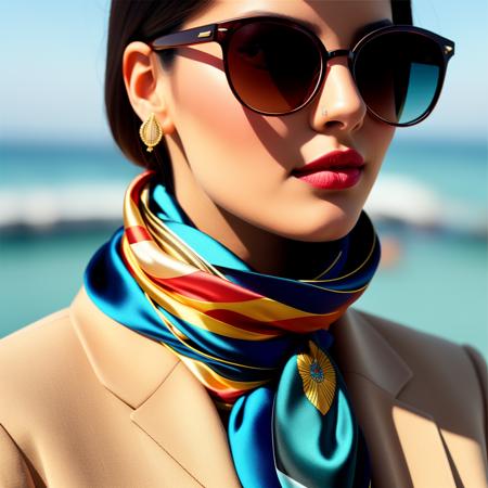 Masterpiece, High quality,  <lora:Silk_Scarf:0.65>, silk scarf, woman wearing a silk scarf, sunglasses, wearing a women's suitanalog style, symmetric, centered, closeup, feminine, glossy, bimbo