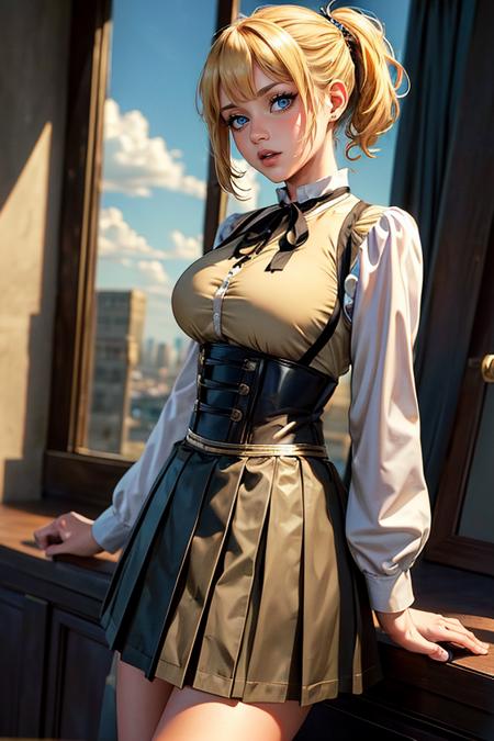 (masterpiece:1.4),(best quality:1.4),(absurdres:1.4),pin-up,	<lora:ANIME_Zenith_aiwaifu-10:0.45>>,	Zenith_aiwaifu,blonde hair,ponytail,blue eyes,short hair,large breasts,bangs,parted bangs,skirt,ribbon,shirt,long sleeves,neck ribbon,fur trim,black ribbon,corset,red shirt,suspenders,collared shirt,dress,long skirt,pleated skirt,suspender skirt,		(absurdres, highres, incredibly_absurdres:1.4),scenery,masterpiece,