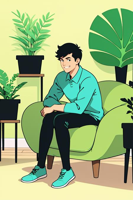 <lora:gz_20231024102623:0.8>,gz,solo,1boy,male focus,shirt,pants,sitting,smile,plant,black hair,black pants,green footwear,collared shirt,shoes,short hair,green theme,aqua shirt,wide shot,long sleeves,limited palette,potted plant,green shirt,