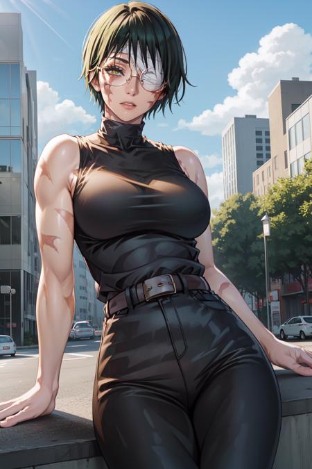 MakiShS1, solo, scar, short hair, 1girl, scar on face, looking at viewer, glasses, burn scar, green hair, sleeveless, belt, pants, bangs, cowboy shot,  shirt, muscular, bandages, round eyewear, bandage over one eye, breasts, bare shoulders, closed mouth, muscular female, turtleneck, yellow eyes, black pants, black shirt, scar on arm, parted lips, black clothes, sleeveless shirt, large breasts, high-waist pants, outdoors, sky, blue sky, clouds, trees, buildings,   sitting, sitting in, girl sitting, <lora:MakiShS1:0.8>
BREAK
masterpiece, best quality, highly detailed background, perfect lightingbest quality, ((shiny skin, glossy skin, detailed skin))