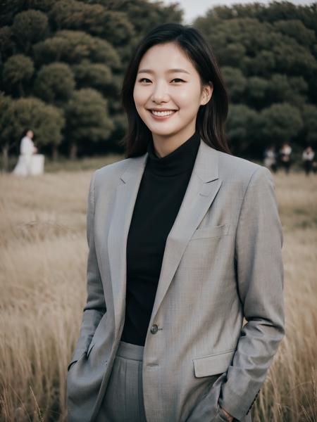 KGEun, wearing a grey suit with a black shirt, standing in a field smiling, (8k, RAW photo, best quality, masterpiece:1.2), (realistic, photo-realistic:1.37), professional lighting, photon mapping, radiosity, physically-based rendering  <lora:KGEun2:0.7>