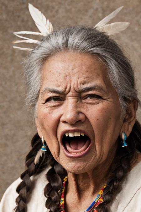 close-up photo portrait of a 100 yo old native american woman, grey hair, brown eyes, screaming face expression, twin braids, warbonnet, feathers, tribal, simple background