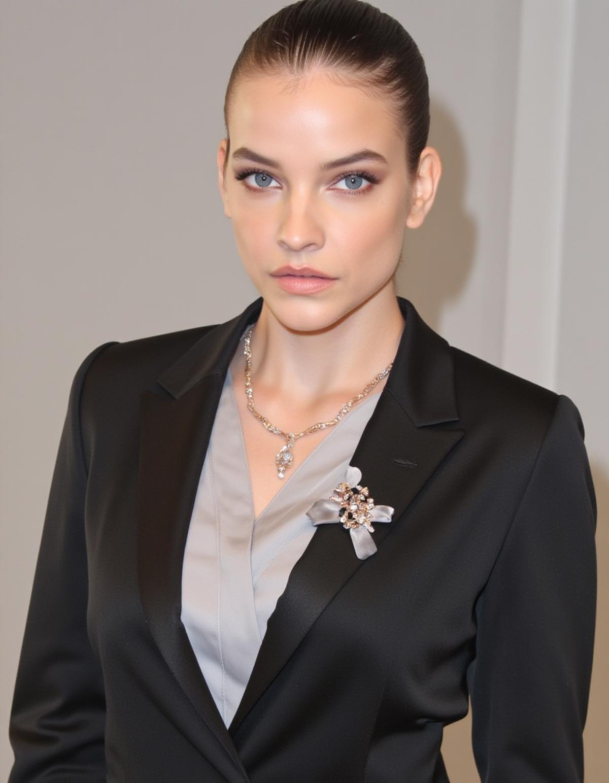 High quality passport photo of a woman wearing a suit and tie looking directly at the camera with her mouth closed and a neutral expression. She is also wearing a delicate gold chain and some understated diamond earrings. <lora:Barbara_Palvin_FLUX_v1-000061:1>