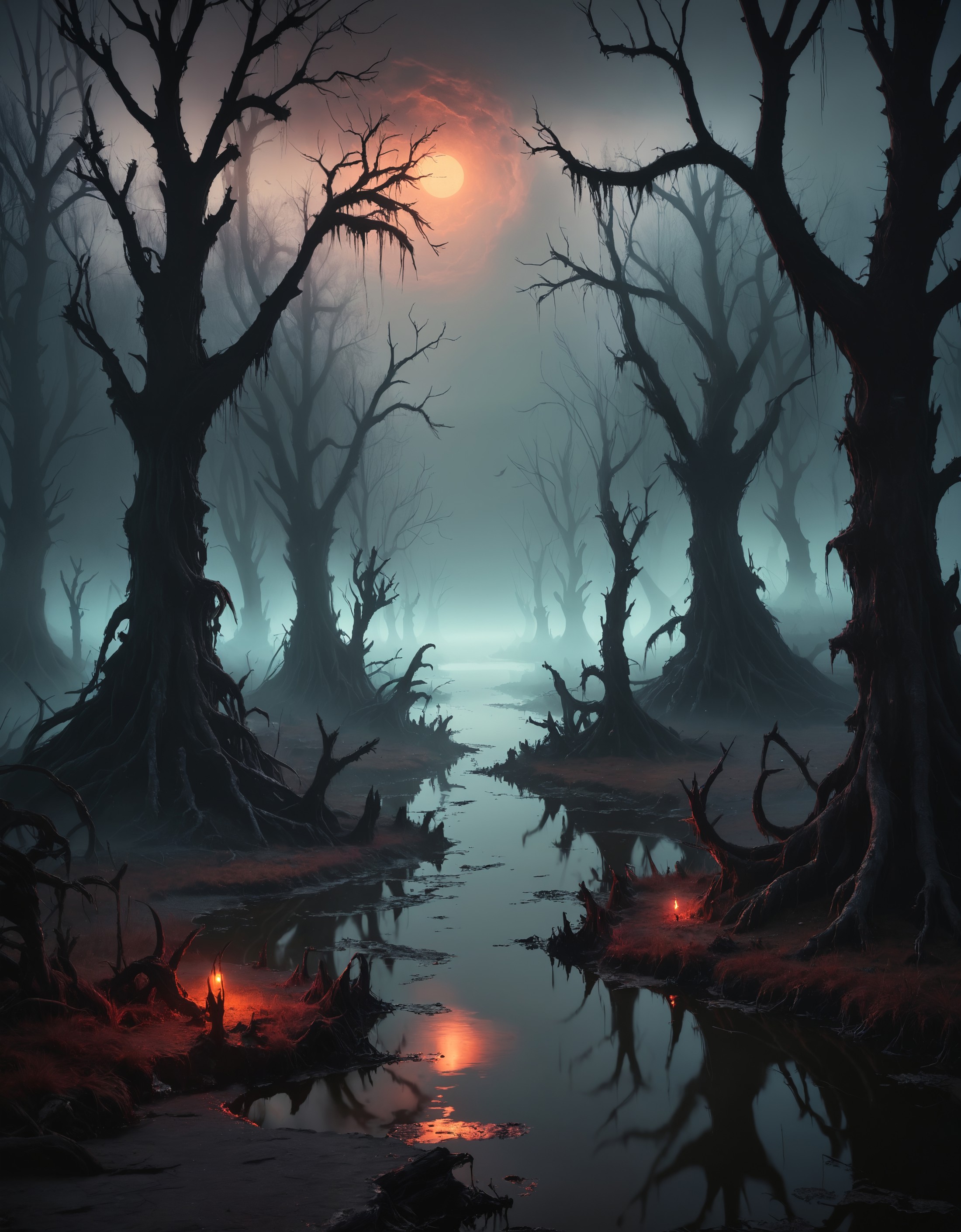 (zavy-mthcl:1.3), Horror-themed landscape that captures the gloomy atmosphere and eerie beauty of dark swamps and moors, s...