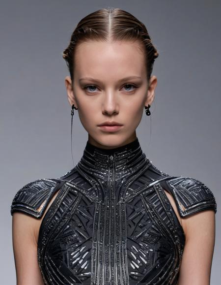 Techwear fashion <lora:Alexander McQueen-art deco-000005:1>,Alexander McQueen,art deco,dress,, hair, forehead, eyebrows, eyes, nose, lips, neck, collarbone, . Futuristic, cyberpunk, urban, tactical, sleek, dark, highly detailed