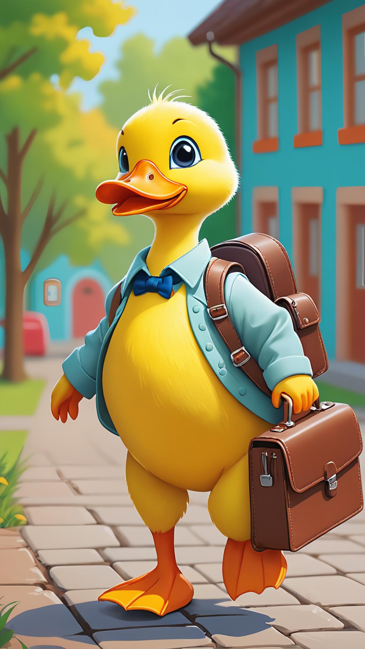 Cartoon Duck Character with Suitcase and Backpack on Sidewalk.