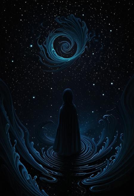 A hauntingly immersive feeling of aetheric melancholy swirls in depths of a cosmic void, where shadows converge in a symphony of obsidian hues. The main subject is a mysterious figure shrouded in darkness, exuding an aura of profound sorrow and enigmatic allure. This digital painting evokes a sense of otherworldly beauty, rendered with intricate details and rich textures that seem almost palpable. The transcendent quality of the image transports viewers to a realm of profound introspection and mystery.