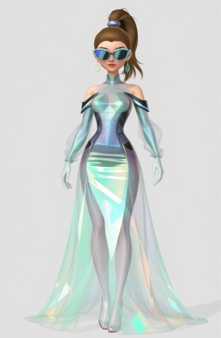 3d Princess, masterpiece full of details. The image depicts a woman wearing a futuristic, avant-garde outfit. The ensemble is composed of a bodysuit with a high neckline and a choker, adorned with iridescent, geometric patterns that reflect a spectrum of colors. The bodysuit is complemented by a flowing, transparent skirt that cascades down to the floor, also covered in the same iridescent, geometric patterns. The woman is accessorized with a pair of oversized, futuristic sunglasses that have a reflective surface, adding to the overall futuristic aesthetic of the outfit. Her hair is styled in a high ponytail, and she stands confidently, exuding a sense of modernity and style. full body, off-the-shoulder plastic long coat
