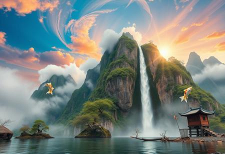 there is a tall waterfall, majestic water fall, the water fall is coming out of a mountain, Chinese mountains, there is moss growing on the mountains, small bonsai trees on the mountain, water mist, sun in the sky, sun behind clouds, water basin at base of cliff, small hut at base of cliff, small hut next to water fall, fishing rack, fishing polls, basket, fishing spot on shore, coy fish, white orange and gold coy fish, coy fish jumping out of water, shore, clouds, swirling, vivid colours, blue, orange, pink, sky, ancient, overgrown, landscapes, intricate details, background colourful, cloud streams, dynamic, vibrant colours, high quality, detailed, realistic, beautiful, extreme detail, hyper realistic, dynamic light, expressive, digital media (artwork), hi res, masterpiece, RAW, photo, 8k, very sharp, very detailed, realistic, real, cinematic view, shaded, detailed shading, shading,