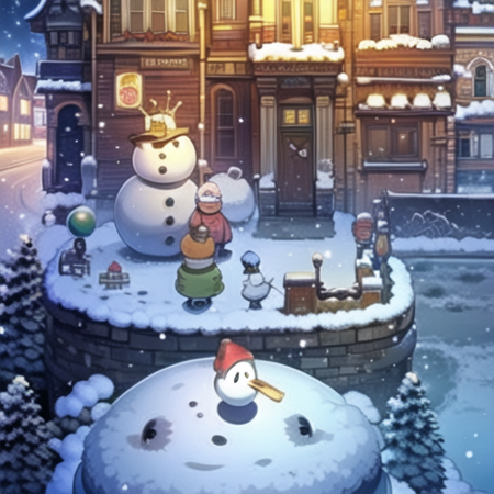 masterpiece, best quality,（Frontal angle：1.5），Winter, snowmen, buildings, roadsides, streets, snow, sidewalks,