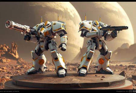 "A high-detail concept art scene from Warhammer 40k, featuring Super Armored Robot Armed Black Iron painted in striking white and gold. Positioned on a brown base against the Pressured Planet Wraitsoth, the robots stand ready for action. The left robot wields a large gun with its barrel pointed upward, while the right robot holds a smaller gun at the ready. The composition is dynamic, capturing a moment of anticipation with sharp lines, stunning colors, and impeccable balance. Rendered in hyper-realistic 3D with Octane Render, the scene showcases lifelike details, captivating lighting, and harmonious tones. Inspired by contemporary aesthetics and Grammer Effect Style, the image conveys vivid emotions and a powerful message. Trending on ArtStation, 4K, ultra-detailed, and impeccably composed."