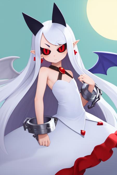 masterpiece, best_quality, 1girl, solo, long hair, bangs, red eyes, white hair, pointy ears, black sclera, horns, white dress, wings, handcuffs<lora:pram_v1:0.8>