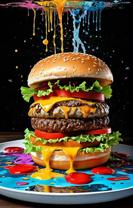 Hyperrealistic art (liquid splashing:1.2),Epic splatter art,alcohol ink,(king burger:1.3),dreamlike atmosphere,intricate composition,fantasy,wide angle,glow,color splatter,colorful painting,rich color,HDR,Arthur Rackham,Dr. Seuss,Norman Rockwell,digital illustration,no background,digital painting,iridescent and luminescent scales,breathtaking beauty,Volumetric light,auras,rays,vivid colors reflects, . Extremely high-resolution details, photographic, realism pushed to extreme, fine texture, incredibly lifelike