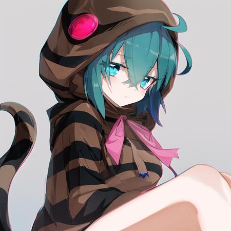 tsunsnek, 1girl, solo, hood, hoodie, snake tail, aqua hair, long sleeves, striped hoodie, striped tail, short hair, pink neck ribbon, bangs, hair between eyes, hood up, geta, blue hair, aqua eyes, bare legs, blue eyes, crossed bangs, ahoge, detailed shading, detailed ambient light