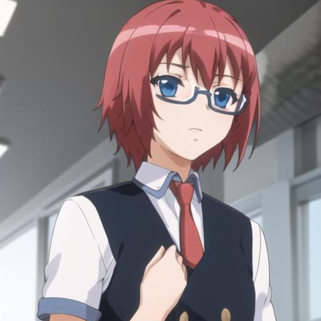 (masterpiece, best quality:1.2),illustration,8k,hd,1girl,solo,lower body,short_hair,blue_eyes,school_uniform,red_hair,necktie,glasses,semi-rimless_eyewear,under-rim_eyewear,wristwatch,black_pants,black_vest,school_uniform,short_sleeves,<lora:Misaki Raika>,