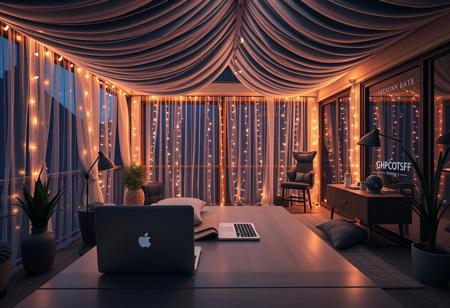 home office with laptop background cozy aesthetic overhead, Elegant soft ambient lighting, plush velvet glowing, fairy lights, midnight blue, warm wooden decking, sleek modern design, cozy stylish muted color palette, atmospheric, exquisite detailing, hyper-realistic, 8k resolution, photorealistic rendering, masterpiece quality
