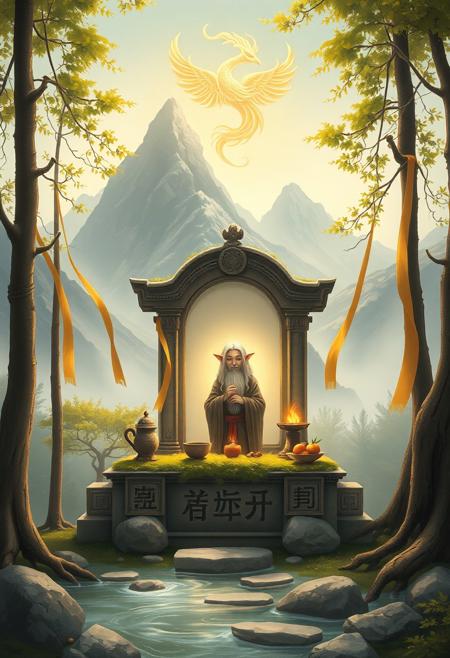 In a quiet, sacred grove surrounded by misty mountain peaks, a gnome stands at a stone altar etched with ancient symbols. He is depicted with soft, luminous features and eyes full of quiet wisdom, his figure framed by an aura of golden light and trailing silk ribbons that float as if weightless. The trees around him are tall and elegant, their leaves rendered with fine brush detail, and a gentle breeze seems to stir the branches. The altar is adorned with sacred offerings—tea bowls, fruit, incense—that exude a subtle glow. A phoenix-shaped cloud curves in the sky above, and gentle waves lap at the base of the mossy shrine. The gnome’s presence feels like a bridge between spirit and earth, his small stature counterbalanced by the cosmic significance of his role. The entire composition breathes rhythm and reverence, as if part of a living scroll.