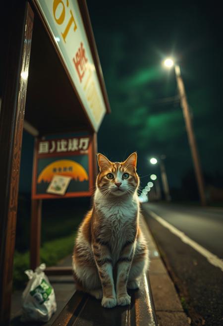 (Soft Lighting Photography by Mimoza Veliu and Mario Giacomelli:1.2), NSFW, 
A cat sitting at bus stop, close-up,
old bus stop, grocery package, country side in Japan
BREAK
scenery, (blurry background:1.1), (blurry foreground:1.2), (depth of field:1.1), dark, night, (dappled moonlight:1.1), (sidelighting:1.1), (black sky:1.1), horizon, (vanishing point:1.1), green clouds, green smoke, green fog,
from below, perspective, looking down, looking at viewer, 
masterpiece, best quality, amazing quality,