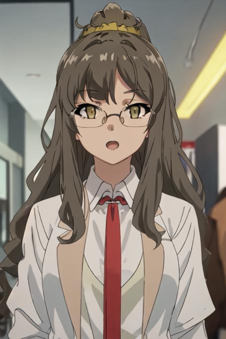 best quality, masterpiece, highres, solo, {futaba_rio_seishunbutayarou:1.15}, long_hair, brown_hair, brown_eyes, glasses, necktie, 1girl, bangs, looking_at_viewer, rimless_eyewear, shirt, white_shirt, collared_shirt, indoors, open_mouth, upper_body