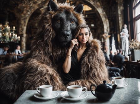 woman standing behind a large furry creature and a cup of coffee, in the style of fashion photography, made of rubber, matte photo, elegant, emotive faces, national geographic photo, eye-catching composition, caricature-like