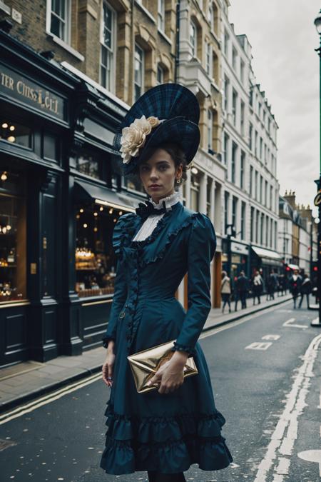 1girl,london city street,(masterpiece, raw photo, fashion editorial),blue gold shot,dress, <lora:SteamPunkMachineryv2:0.4>,(Victorian age),Depth of Field, <lora:FilmVelvia3:0.5>