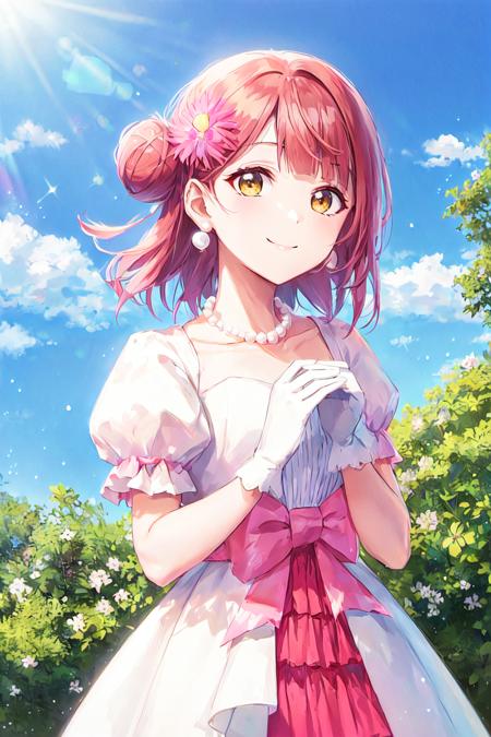 (best quality, masterpiece:1.2), (beautiful and clear background:1.1), illustration, colorful, outdoor, clear and beautiful sky, sunlight, sunny, cloud, 1girl, solo, (cowboy shot:1.4), (looking at viewer:1.3), smile, lens flare, glow eyes, (extremely detailed CG unity 8k wallpaper:1.1), (depth of field:0.75),( ink splashing:0.95),(color splashing:0.85),(watercolor:0.65)
<lora:A_AWPR_Dress:1>, uehara ayumu, awpr dress, jewelry, earrings,necklace, gloves, hair ornament, flower, dress, hair flower, pearl necklace, hair bun,bangs, yellow eyes, medium hair, smile, orange hair, bow, short sleeves, white gloves, blunt bangs, collarbone, blush, closed mouth, pink dress, yellow eyes, single side bun,