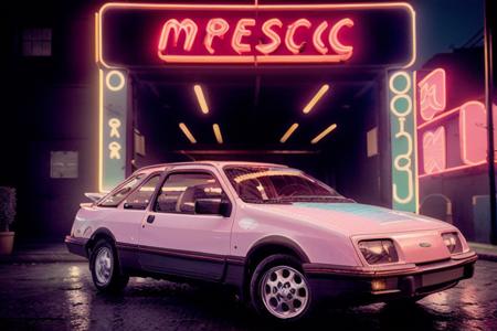 analog gloomy photo of a red Ford Sierra car, <lora:s13rr4:1>, racing in a holographic city at night, outrun, synthwave, retrowave, purple sky, pink and cyan lights, palm trees, flamingos, ((cyberpunk)), iridescent, High Detail, Sharp focus, ((photorealism)), realistic, best quality, 8k, award winning, dramatic lighting, epic, cinematic, masterpiece