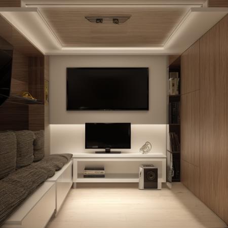 gaming room, dim lighting, indirect lighting at the drop ceiling, a spotlight with rail at the center of ceiling, white painted ceiling, (a gaming pc in the center with a large wall hung TV at the top:1.1), toy shelf at the right side made of glass, comic book shelf at the left side of the room, wood parquet flooring , sofa bed at the left <lyco:brutalism style interior design:0.9>, hyper realistic 3d rendering, ray tracing