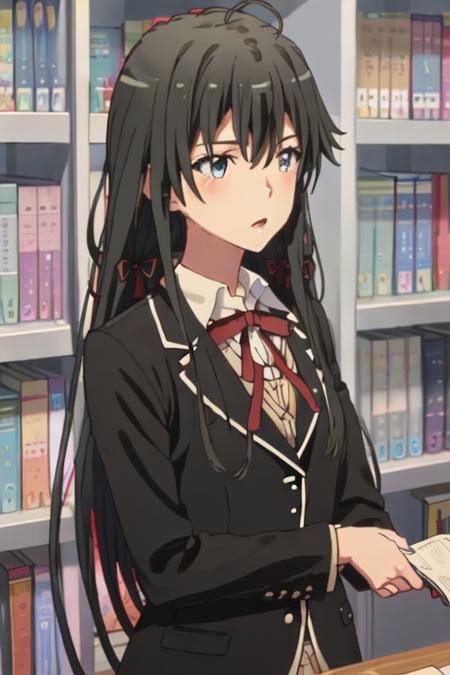 best quality, masterpiece, highres, solo, {yukino_yukinoshita_yahariorenoseishunlovecomewamachigatteiru:1.15}, long_hair, black_hair, ribbon, blue_eyes, hair_ribbon, blazer, 1girl, black_jacket, book, bookshelf, jacket, school_uniform, sobu_high_school_uniform, ahoge, red_ribbon