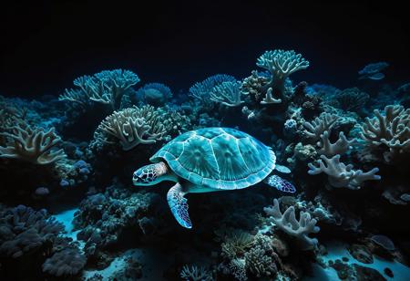 Underwater photograph of a white bioluminescent glowing coral reef at night, silhouette of a turtle hidden in the dark