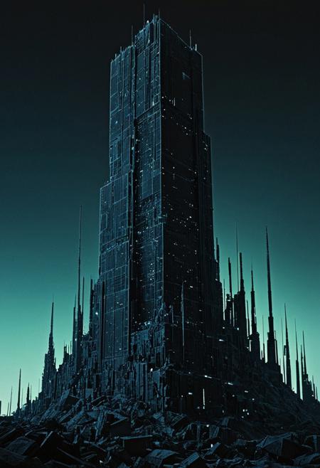 highly detailed dark sci-fi digital artwork, epic composition, silhouette art, chiascuro,highest details, ultra hyper realism. highly detailed and realistic. intricate and highly professional artwork, an absolute masterpiece. photo of a complex gigantic science fiction skyscraper reaching into the sky at night, in the (style of patchwork surreal collage:1.6), polygon mesh, jagged, blocky, wireframe edges, centered composition, limited dark palette, unusual colors, atmospheric haze, highly dramatic ambient lighting. color haze, atmospheric fog, digital corruption, washed-out background, desaturated world, bleached dystopia, monochromatic with vibrant color pops, flickering neon fractures, and glitching light pulses.