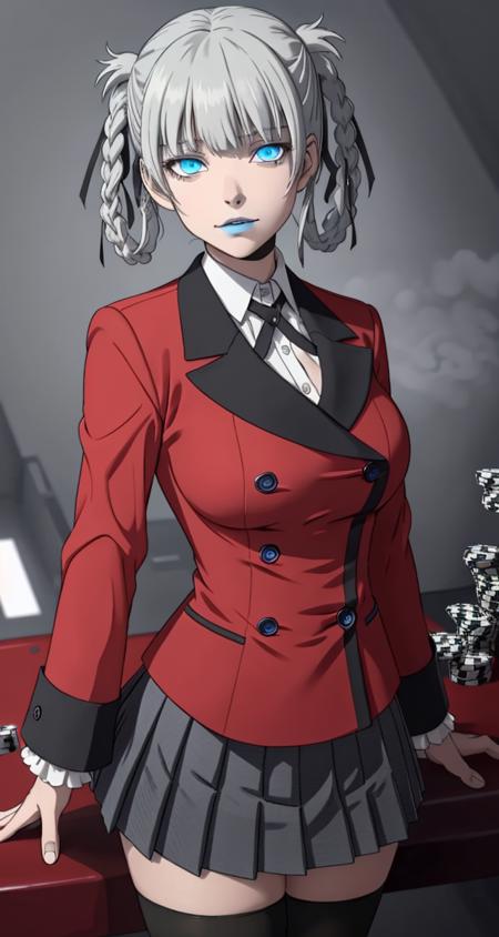 <lora:VRAMs3DMomobami640:0.5> , 1girl, xyzmomobami, hair rings, grey hair, masterpiece, beautiful, portrait, blue lips, pleated skirt, red coat, double breasted coat, school_uniform, medium breasts, black thighhighs, glowing eyes, poker