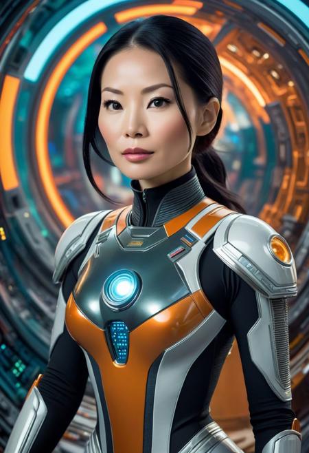 Lucy Liu as a scifi space explorer in the style of matt baker, dave stevens, retrofuturism, futuristic, ultra detailed, ultra quality, intricate details, beautifully shot, perfect composition, colorful background, retouched, sharp focus, perfect, smooth, a masterpiece, bright volumetric lighting, complementary colors,