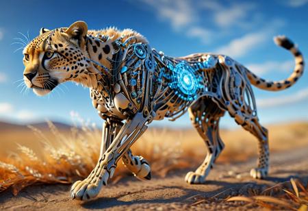 (Cheetah running at full speed the body transitioning into (x-ray:1.2) image revealing (intricate:1.1) mechanical endoskeleton with blue neonglow parts, warm light, blurred arfican savanna background, wind, bokeh, (national geographic style:1.2), wide shot, right side view, photorealistic, add (fine detail:1.4)