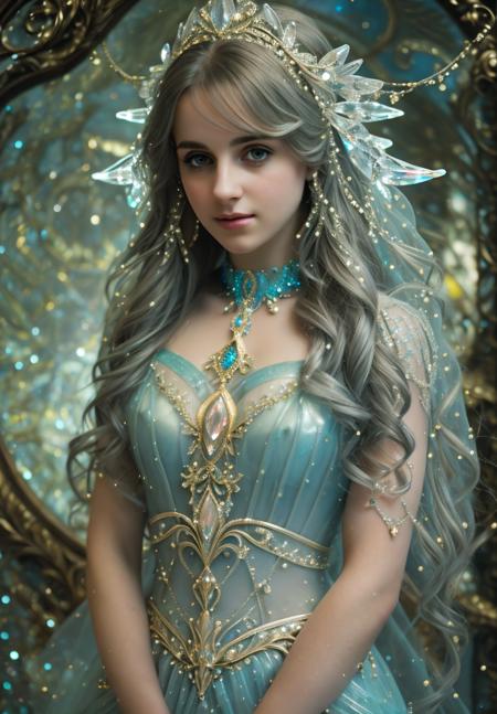 A photograph of 1girl, dress transparent, body,light gems ornate, glitter, diamond, details, detailed scene, magical items, highly detailed scene, masterpiece <lora:ornate:1>