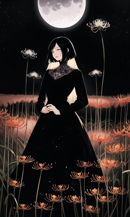 a woman standing in a spider lily field at night, black dress, parted lips, light smile, moonlit night, starry sky