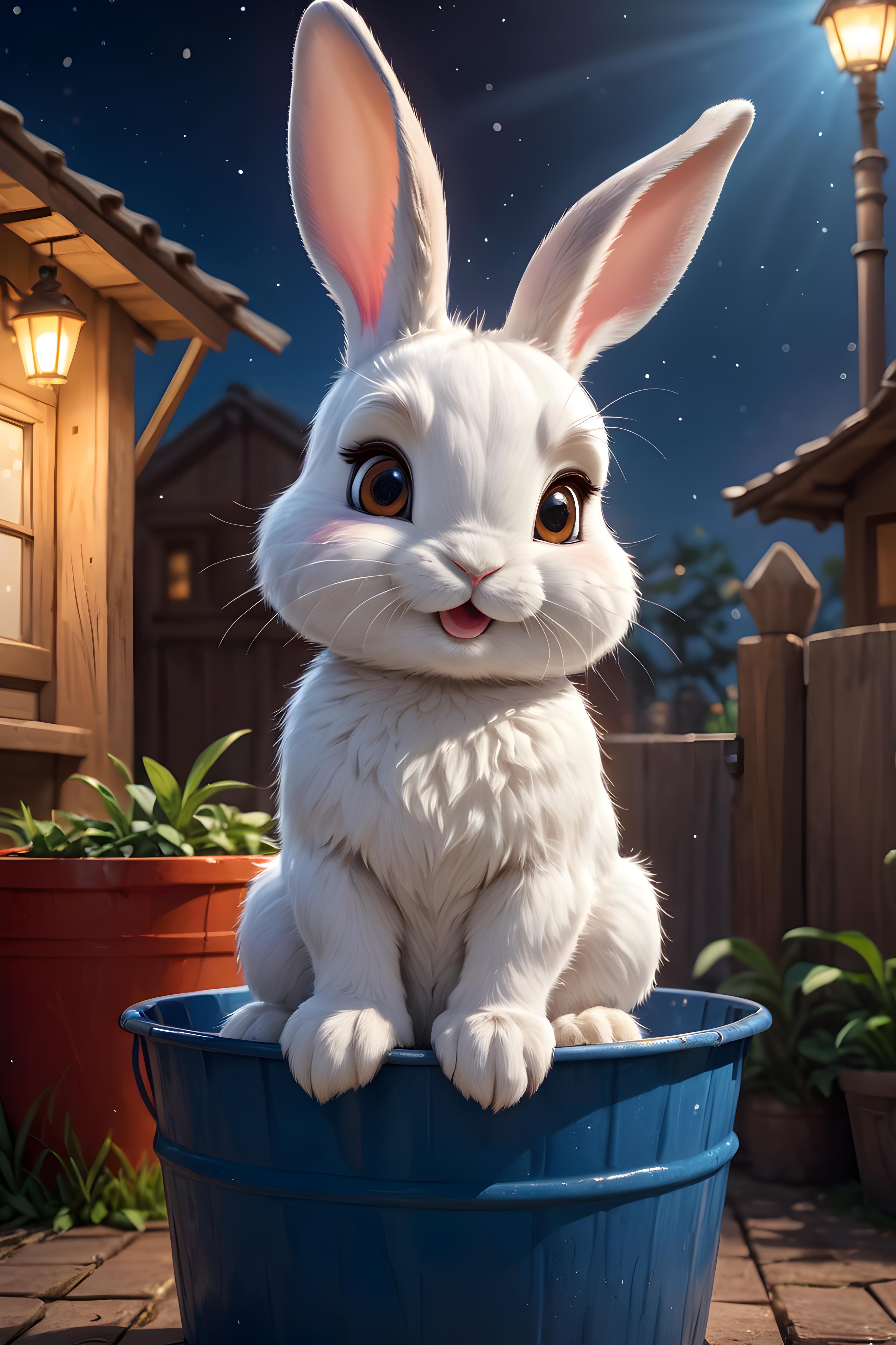 A cute white bunny rabbit sitting in a blue bucket.