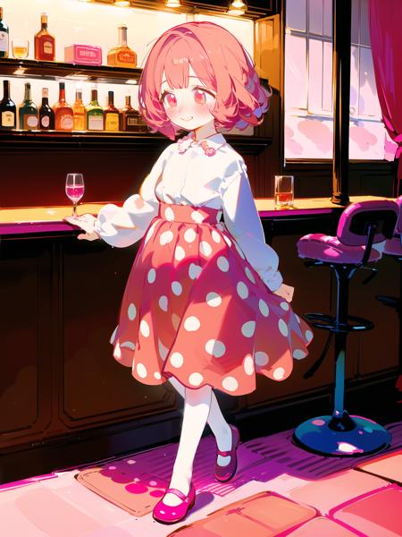 <lora:Dreaming1.2:0.7> DMary, polka dot outfit, white pantyhose, pink shoes, solo, full body, blush, pink theme, walking, pink bar, bar stool, day, pink light, smile,