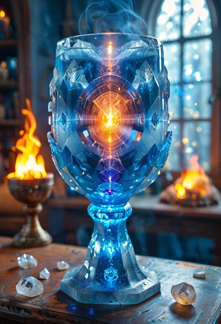 lazypos, highly detailed and hyper realistic, dynamic lighting, play of light, reflection, refraction, Raytracing (((A mystical goblet made of crystals))), fire in the goblet, on the table in the wizard cabinet, blue mist, Mystic Lumina, depth of field, bokeh,