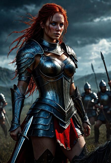 Ultra detailed digital art masterpiece Warrior girl dressed in a iron Armor and red mini skirt, Standing on a battlefield at the head of an army of knights, where a bloody slaughter is taking place, standing in battle pose, a dark epic fantasy, perfect lighting, beautiful Warrior girl, attractive woman, elegant, beautiful woman of athletic body,  shot of the whole Warrior girl, unreal engine 5 nanite quality, dark fantasy, dark environment, very stormy day, LOTR style, dark washed out eyeliner, no make up, natural bloody pale face, realistic blue eyes, ultra detailed atmospheric details, beautiful glowing effects, sparkle effects, realistic body proportions, beautiful face proportions, complex masterpiece, wavy red hair, creative glowing detailed tattoos, complex physics, enhanced colors, complimentary colors, ultra detailed raytracing reflections, Ultra detailed complex background, environment feels alive, direct eye contact, dramatic lighting, wet and sweaty skin, beautiful firm Breasts, Daylight, Concept art by Greg Rutkowski, adding to the intense and dynamic atmosphere of the scene.