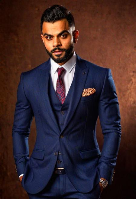 portrait of Virat Kohli, dark suit unbuttoned, magazine cover, muscular, no shirt, chest hair, pecs, abs, realistic, highly detailed, realistic eyes, intricate details, detailed background, depth of field, professional photography, RAW photo, HDR, perfect composition, vivid details, natural lighting, volumetric lighting, bokeh, aestheticism, (low contrast), muted color