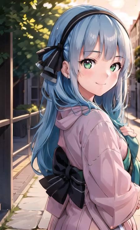 ((masterpiece)), (((best quality))), ((ultra-detailed)), ((illustration)), finely detail, extremely detailed CG unity 8k, highres, beautiful detailed eyes, finely detail, beautiful detailed eyes
1girl, green eyes, solo, smile, blue hair, outdoors, hairband, black hairband, looking at viewer, bangs, upper body, long hair, closed mouth,  black ribbon, ribbon, hair ribbon, day, blush, striped, (pink kimono:1.5), frilled kimono, smirk, expressive clothes, lace-trimmed kimono,ribbon-trimmed clothes,