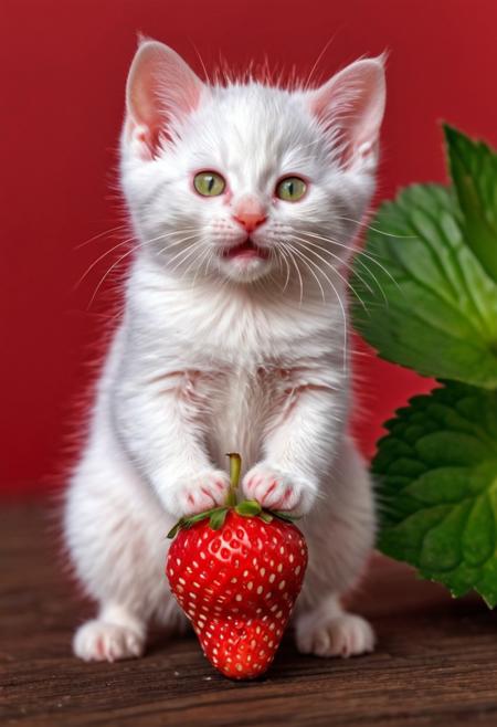 Create an image of a whimsical creature that resembles a small Kitten and mouse with the texture and color of a ripe strawberry. The creature's body and face are covered in strawberry red, with characteristic seed-dotted skin. It has green leaf-like structures mimicking ears and a ruff around its neck, as if the top of a strawberry was placed on its head. This kitten-like entity has round, innocent eyes, a small pink nose, and delicate white whiskers. Its pose is seated, with one paw slightly raised as if it were about to take a gentle step, and its tail curls behind its body, appearing plump and strawberry-like as well. Surrounding the creature are actual strawberries of a similar shade of red and with green caps, scattered on a glossy wooden surface. In the soft-focused background, hints of indoor plants in shadows create an almost ethereal setting. The overall atmosphere is quaint and charming, evoking a sense of magical realism.