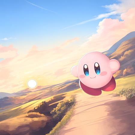 (Highest picture quality),(Master's work),kirby,blue eyes,smile, outdoors,the setting sun,alp